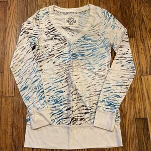 Vintage Y2K MUDD Pastel Colorful Tiger Striped V-Neck Beige Sweater Women Size M